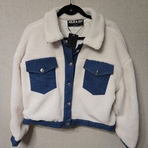 Jolie&Joy Women's Sherpa Bomber Jacket W Denim Cuffs & Collar NWT